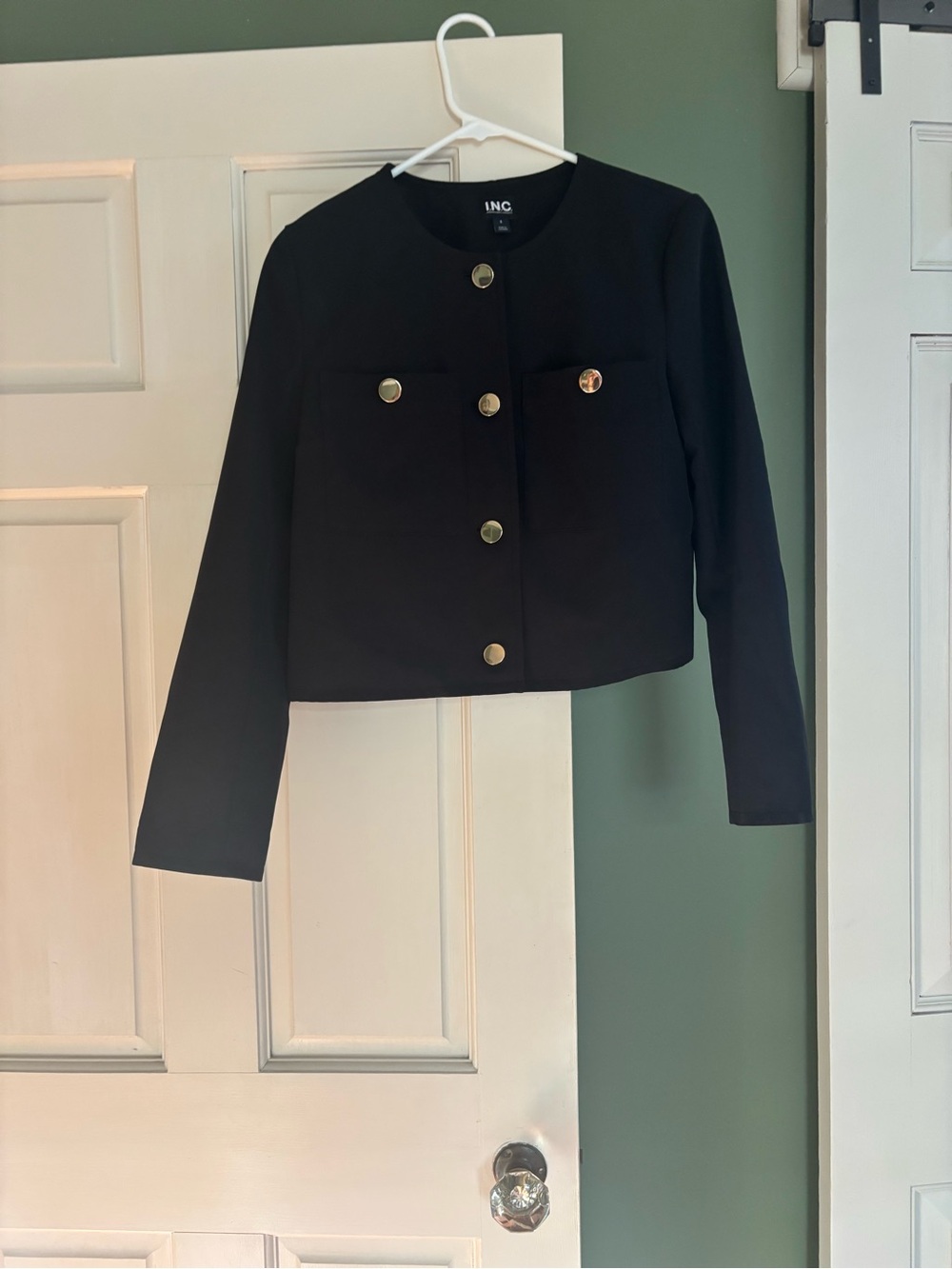 INC International Concepts Black Cropped Blazer with Gold Buttons